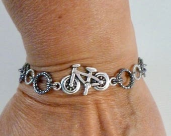 Bicycle Silver and Gunmetal Chainmaille Charm Bracelet, Bike Jewelry, Cycling Gift