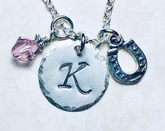 Horseshoe Hand Stamped Sterling Silver Initial Charm Necklace, Personalized Equestrian Gift