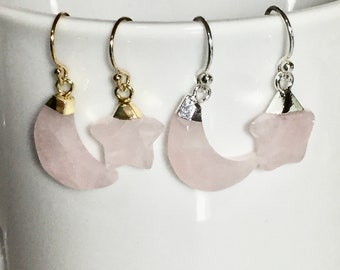 Mismatched Rose Quartz Celestial Moon and Star Earrings - Choose Gold or Silver