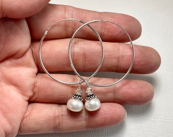 Sterling Silver White Cultured Freshwater Pearl Hoop Earrings