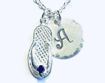Amethyst February Birthstone Flip Flop Hand Stamped Sterling Silver Initial Charm Necklace - Beach Jewelry