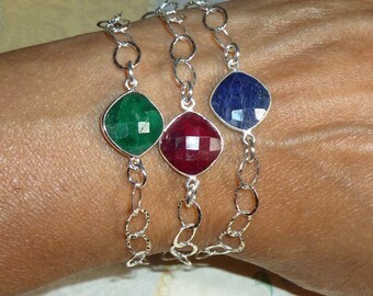 Emerald Ruby or Sapphire Gemstone Adjustable Sterling Silver Stacking Bracelet