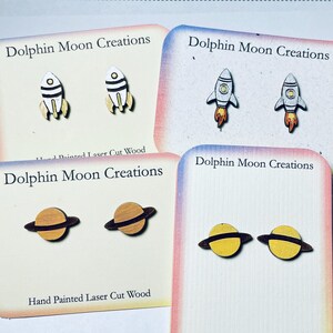 Celestial Space Hand Painted Laser Cut Wood Planet Tiny Post Earrings