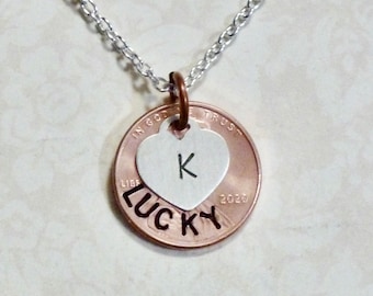 Copper Penny and Sterling Silver Initial Heart Necklace