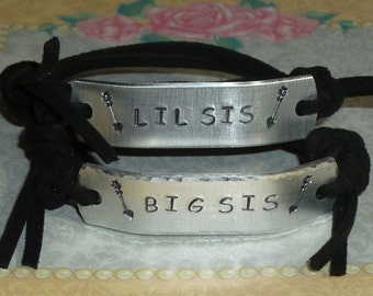 Big Sis Lil Sis Gifts - Sisters Hand Stamped Aluminum Adjustable Faux Suede ID Bracelet - Sister Jewelry