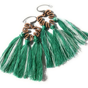 Monstera Leaf Green Macrame Fringe Earrings
