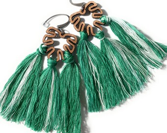 Monstera Leaf Green Macrame Fringe Earrings