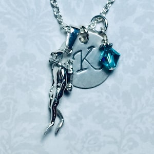 Scuba Diver Hand Stamped Sterling Silver Initial Birthstone Charm Necklace,  Personalized Diving Gift