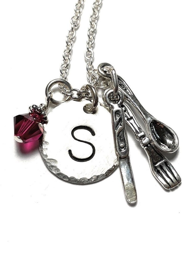 Spoon Fork Knife Kitchen Utensils Hand Stamped Sterling Silver Initial Charm Necklace Chef Cooking Gifts image 1