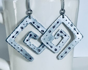 Hand Stamped Geometric Spiral Square Earrings