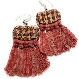 Pumpkin Buffalo Plaid Macrame Fringe Earrings