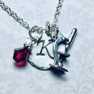 May include: A silver necklace with a charm that says "K" and a small microscope charm. A red crystal charm hangs from the necklace.