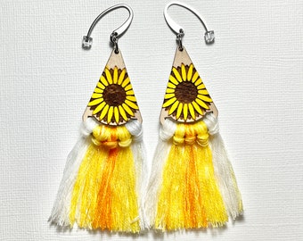 Sunflower Hand Painted Wooden Yellow Ombre Tassel Earrings