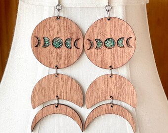 Wood Moon Phase Earrings, Celestial Jewelry