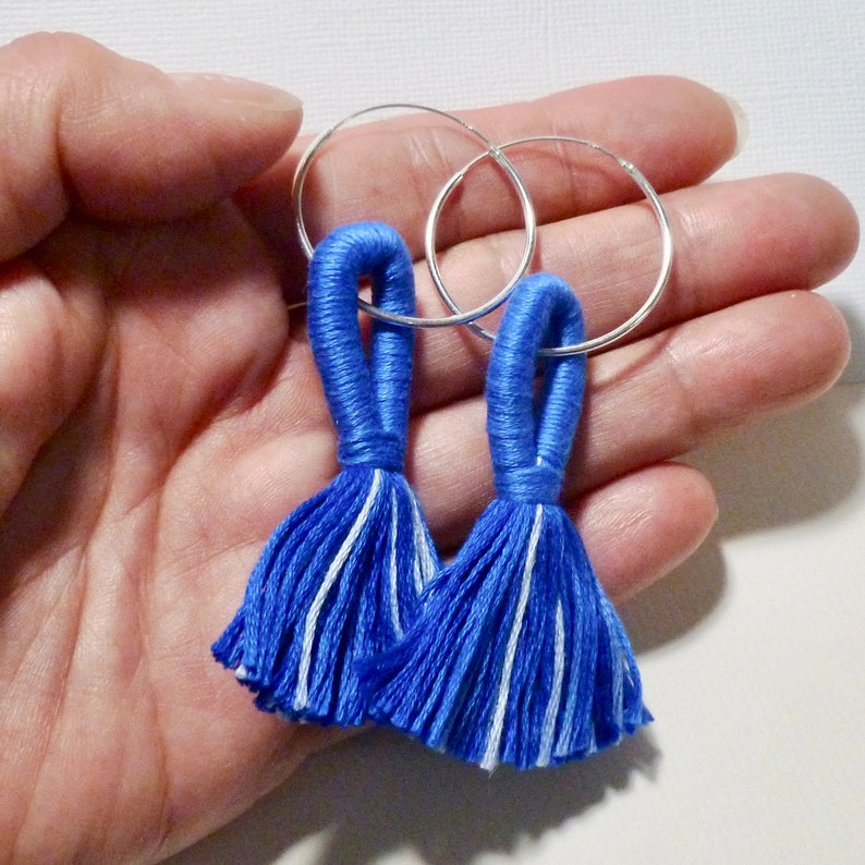 Statement Shades of Blue Looped Tassel Sterling Silver Hoop Earrings