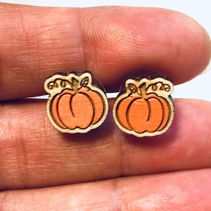 Pumpkin Hand Painted Laser Cut Wooden Stud Earrings - Autumn Jewelry