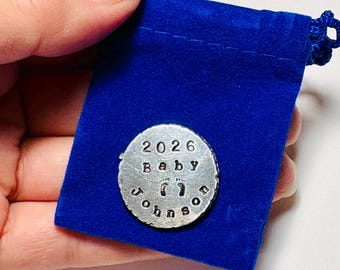 Baby Annoucement Pocket Love Token Keepsake - Hand Stamped Personalized Pewter Coin