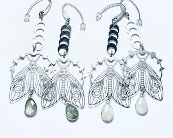 Celestial Moth and Moon Phase Stainless Steel Earrings - Choose Moonstone or Labradorite Gemstone