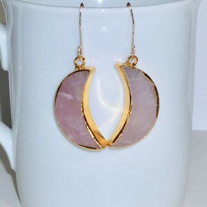 Rose Quartz Crescent Moon Earrings, Gold Plated Celestial Jewelry