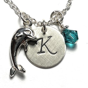 Dolphin Hand Stamped Sterling Silver Initial Birthstone Charm Necklace