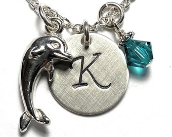 Dolphin Hand Stamped Sterling Silver Initial Charm Necklace