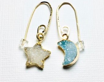 Mismatched Celestial Druzy Light Blue Moon and Star Earrings on Artisan Gold Filled Ear Wires
