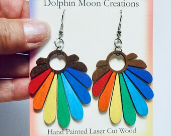 Hand Painted Laser Cut Wood Rainbow Fan Earrings