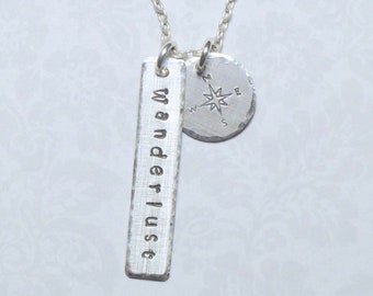 Wanderlust Compass Hand Stamped Sterling Silver Charm Necklace, Travel Gifts