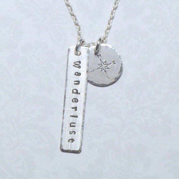 Wanderlust Compass Hand Stamped Sterling Silver Charm Necklace, Travel Gifts