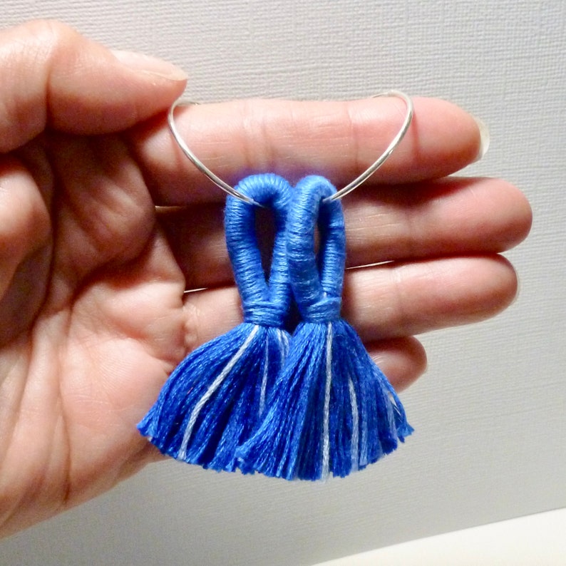 Statement Shades of Blue Looped Tassel Sterling Silver Hoop Earrings
