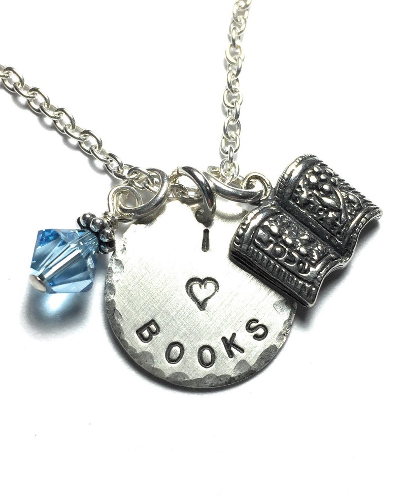 I Love Books Hand Stamped Sterling Silver Charm Necklace, Book Lover Gift image 1