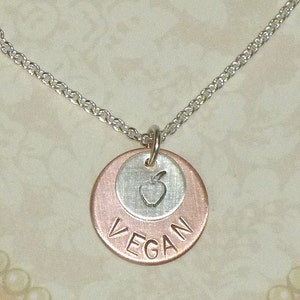 Vegan avec Apple Hand Stamped Copper et Sterling Silver Charm Necklace image 2
