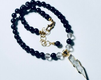 Black Onyx and Crystal Quartz Beaded Lightning Thunder Bolt Gemstone Choker Necklace