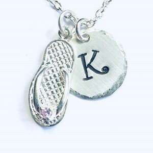 June Birthstone Flip Flop Hand Stamped Sterling Silver Initial Charm Necklace, Beach Jewelry