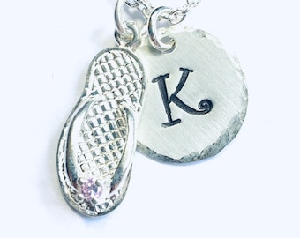 June Birthstone Flip Flop Hand Stamped Sterling Silver Initial Charm Necklace, Beach Jewelry