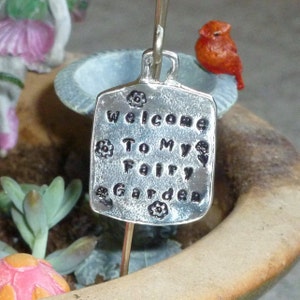 Welcome to my Fairy Garden Hand Stamped Miniature Pewter Fairy Garden Sign - Plant Marker