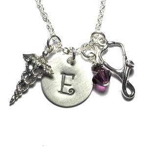 Nurse Stethoscope Medical Caduceus Hand Stamped Sterling Silver Initial Birthstone Charm Necklace