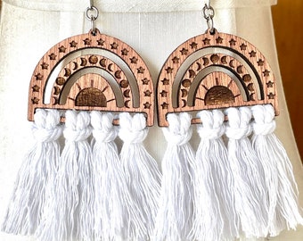 Celestial Sun Moon Phase and Star Macrame Fringe Earrings - Choose White or Black Tassels