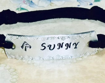 Horse Name Hand Stamped Aluminum Faux Suede Personalized ID Bracelet