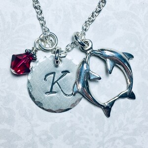 Kissing Dolphins Hand Stamped Sterling Silver Initial Birthstone Charm Necklace