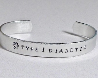 Type 1 Diabetic Medical Alert Hand Stamped Cuff Bracelet - Diabetes Jewelry