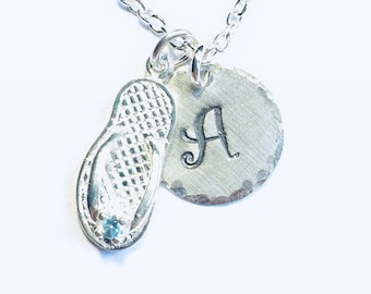 March Aquamarine Birthstone Flip Flop Hand Stamped Sterling Silver Initial Charm Necklace - Beach Jewelry