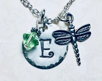 Dragonfly Hand Stamped Sterling Silver Initial Charm Necklace