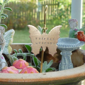 Hand Stamped Fairies Welcome Brass Butterfly Fairy Garden Sign with Miniature Brass Shepherds Hook