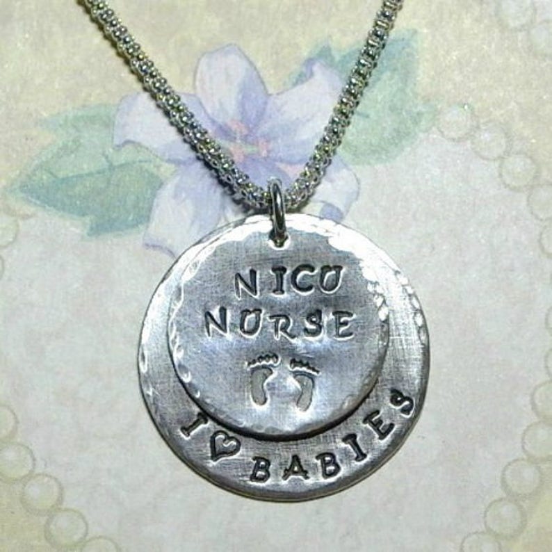 NICU Nurse Double Circle Hand Stamped Sterling Silver Necklace I Love Babies Baby Footprints Necklace image 1