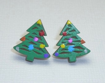 Christmas Tree Hand Painted Laser Cut Wood Stud Earrings