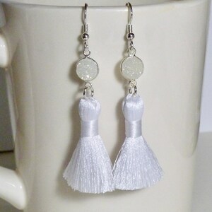 White Shimmer Druzy Short Silky Tassel Earrings, Boho Jewelry