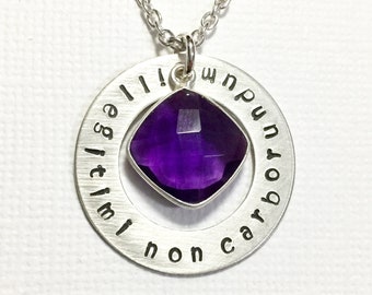 Illegitimi Non Carborundum Hand Stamped Sterling Silver Necklace, Don't Let The Bastards Grind You Down with Amethyst Hydro Quartz