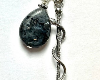 Rod of Asclepius Sterling Silver Charm Necklace with Larvikite Labradorite Gemstone Dangle