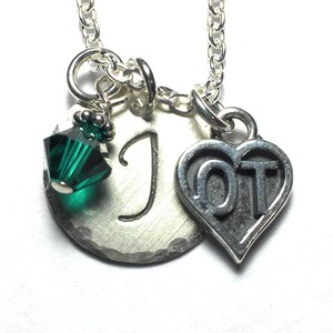 Occupational Therapy Hand Stamped Sterling Silver Initial Birthstone Charm Necklace - OT Therapist Gifts